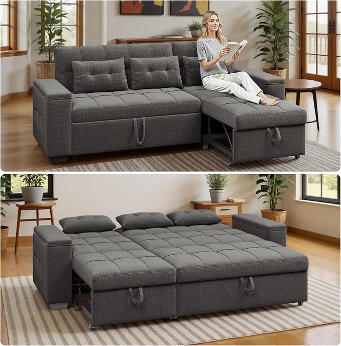 Ahomly 87" Convertible Sofa Bed – Space-Saving Sleeper with Pull-Out Design, Adjustable Backrest, Wide Armrests with Storage, Plush Cushions, Cozy for Small Spaces (Dark Grey)