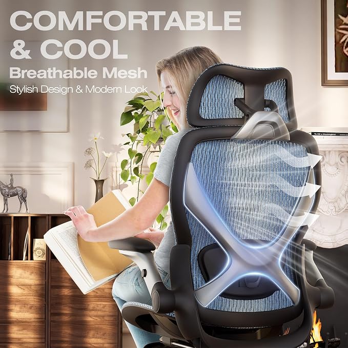 ELABEST X100 Ergonomic Office Chair with Footrest, Big and Tall Home Desk Chair with 5D Flip-Up Arms, Adjustable 3D Lumbar Support,High Back Rolling Computer Chair, Swivel Mesh Chairs (Oaxaca Blue)
