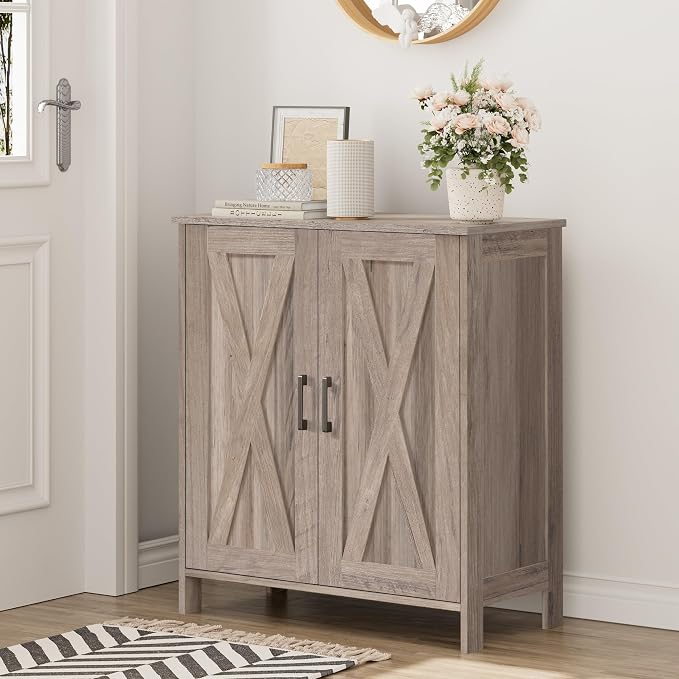 Homleke Farmhouse Shoe Cabinet with 2 Barn Doors & Wood Legs, 5-Tier Shoe Storage Cabinet with 3 Adjustable Shelves, Tall Shoe Rack Organizer for Closet, Shoe Organizer for Entryway, Hallway, Greige