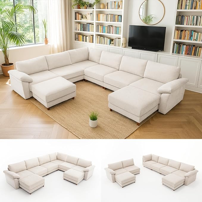 Oversized Modular Cloud Couch with Removable Washable Cover, U-Shaped Sectional for Large Living Room, Plush Chenille & Deep Seat Beige