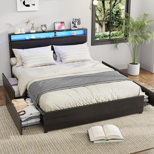 Kiivakii Full Size Bed Frame with 4 Storage Drawers, LED Platform Bed with Headboard, Built in Charging Station, Noise-Free, Metal Support Base, No Box Spring Needed, Black