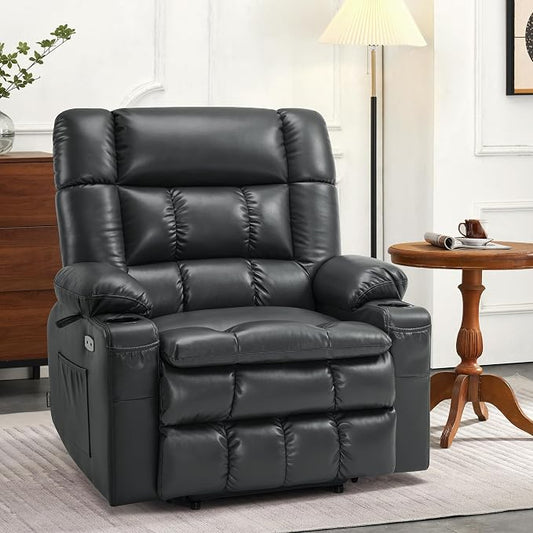 MCombo Extra Wide Dual Motor Power Lift Recliner Chair for Elderly, Zero Gravity Lift Chair with Heat and Massage, Infinite Position Recliners, USB Ports, Faux Leather R7897 (Black, Medium-Wide)