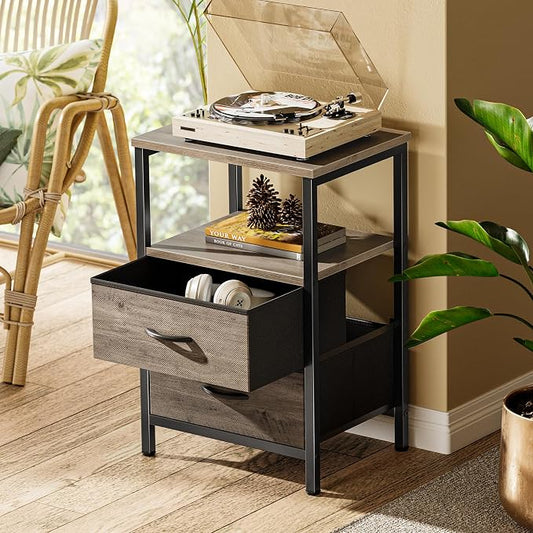 Huuger Night Stand Set of 2, Nightstand with 2 Drawers, Bed Side Table with Open Shelf, Wooden Top, End Table, Fabric Drawer with Oak Wooden Print Surface, for Bedroom