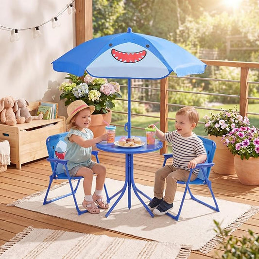 HONEY JOY Kids Picnic Table, Animal Themed Toddler Outdoor Table and Chair Set, 2 Folding Chairs & Removable Umbrella, Children Outdoor Furniture for Backyard Patio Garden (Navy Shark)