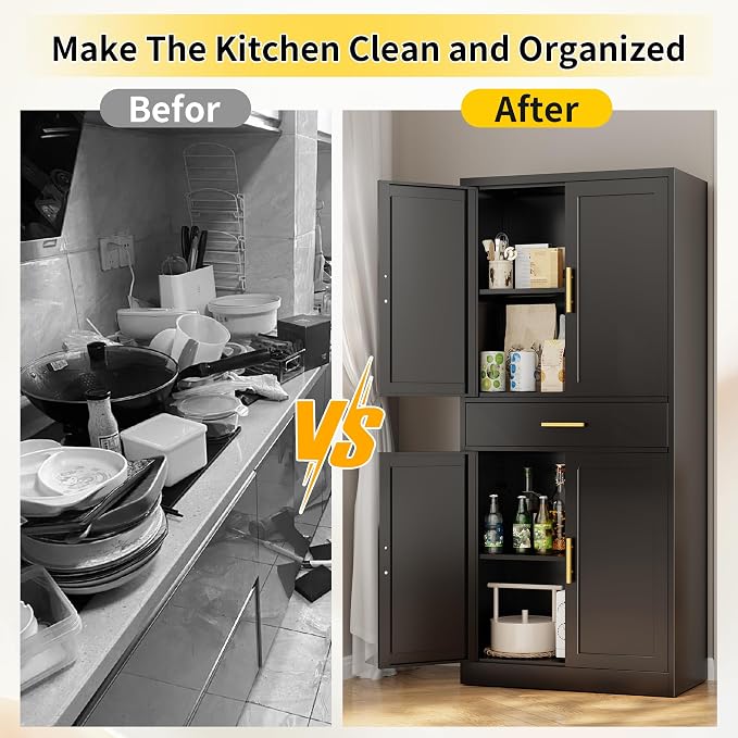 Metal Kitchen Pantry Cabinet, 71"Tall Cabinet with 1 Drawer, Doors and 2 Adjustable Shelves, Pantry Cabinets for Kitchen Storage, Metal Storage Cabinet for Kitchen, Dining Room, Living Room- Black