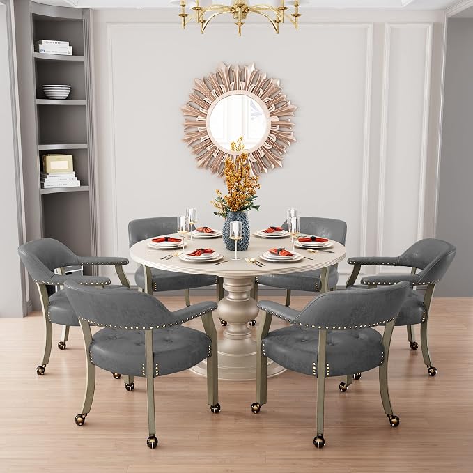LEEMTORIG Set of 4 Dining Chairs with Casters and Arms, Rolling Dining Chairs with Wheels for Elderly, Ergonomic Wide Seat Wooden Office Desk Chair, 26"Dx25.2"W, Grey Legs&Dark Grey Fabric SY-1318-GY