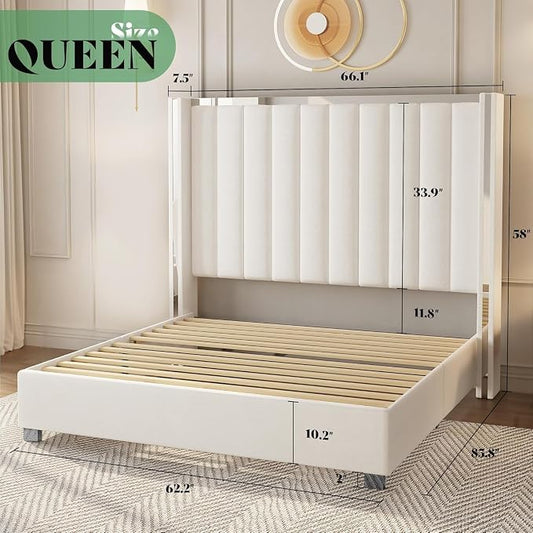 AMERLIFE 4 Piece Bedroom Furniture Set, Upholstered Queen Size Bed Frame with 53" Headboard & Wingback, 54" 6-Drawer Dresser & Nightstand Set of 2, High Gloss, Modern, White