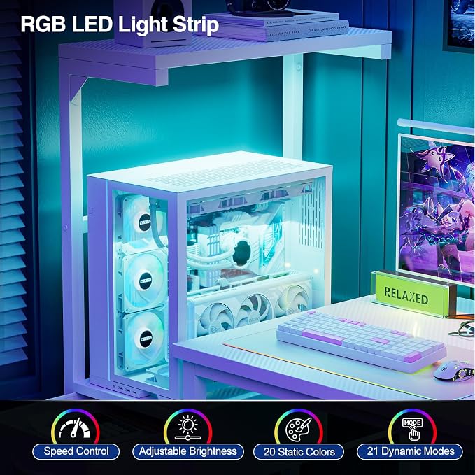 Grandder Gaming Desk 41 Inch with CPU Stand and LED Light, Computer Desk with Reversible Shelves and Storage Drawer, Pc Small Desk for Home Office Table with Bag, White