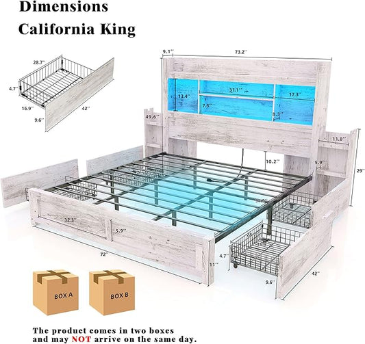 LUXOAK California King Bed Frame with 49.6" Bookcase Headboard & 2 Bedside Stoage Racks & 4 Drawers, Farmhouse Wood Bed Frame with RGB LED & Charging Station, No Box Spring Needed, Distressed White