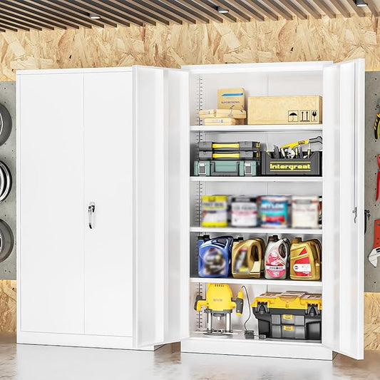 INTERGREAT Metal Lockable Storage Cabinet, 72” H Storage Cabinets with 2 Doors and 4 Adjustable Shelves for Office, Home, Garage, Pantry (Assembly Required, White)