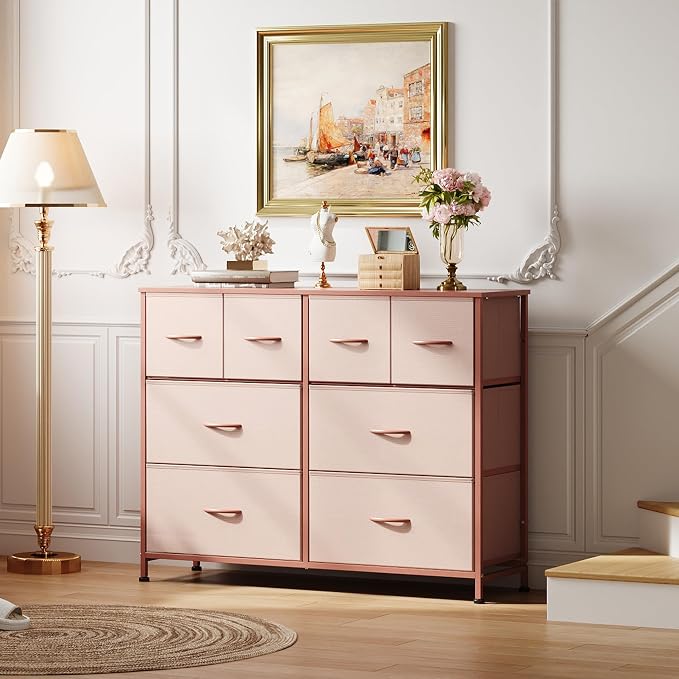 WLIVE 8 Drawer Dresser for Bedroom, Wide Fabric Dresser Storage Organizer, Chest of Drawers with Wood Top, Sturdy Steel Frame, Dressers for Living Room, Closet, Hallway, Pink