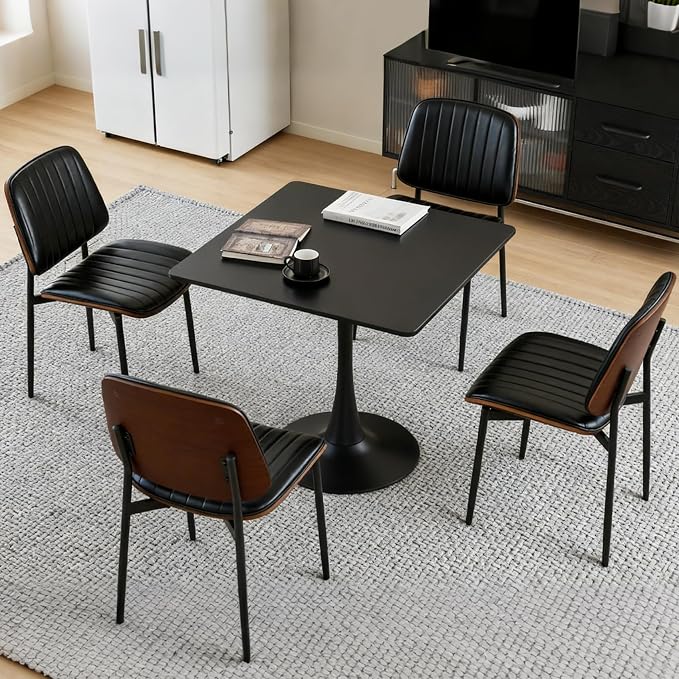 Square Dining Table, 31.5" Tulip Table with Thickened Tabletop & Metal Pedestal, Mid Century Modern Bistro Table for Kitchen, Small Places, Living Room, Cafe (Black)