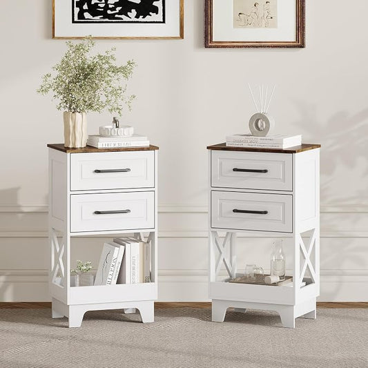 Tall Nightstand Set of 2 Side Table Modern Night Stand with 2 Drawers Wooden Rustic End Table Bedside Table with Upper Open Shelf Solid Feet for Bedroom White+Walnut