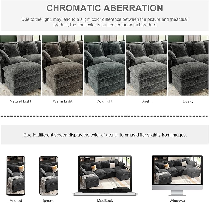 107" Cloud Couch Sectional, U Shaped Modular Sectional Sofa, 4-Seat Deep Seat Couch with 6 Removable Washable Pillows and 2 Ottoman for Living Room, Bedroom, Apartment, Black Grey