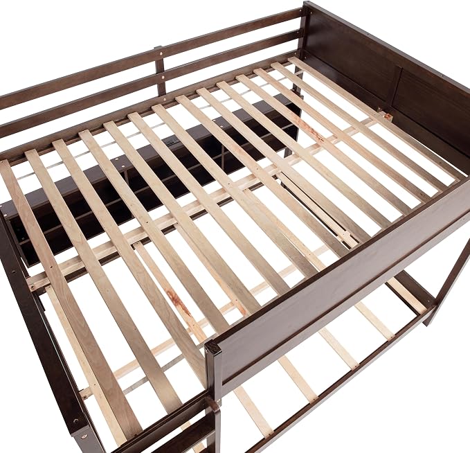 RUNNA Unique Queen Over Queen Bunk Bed with Storage&Charging Station,Brwon | Queen Over Queen Bunk Bed with Storage&Charging Station,Space-Saving Design Solid Wood Bunk Bed for Adults/Teens