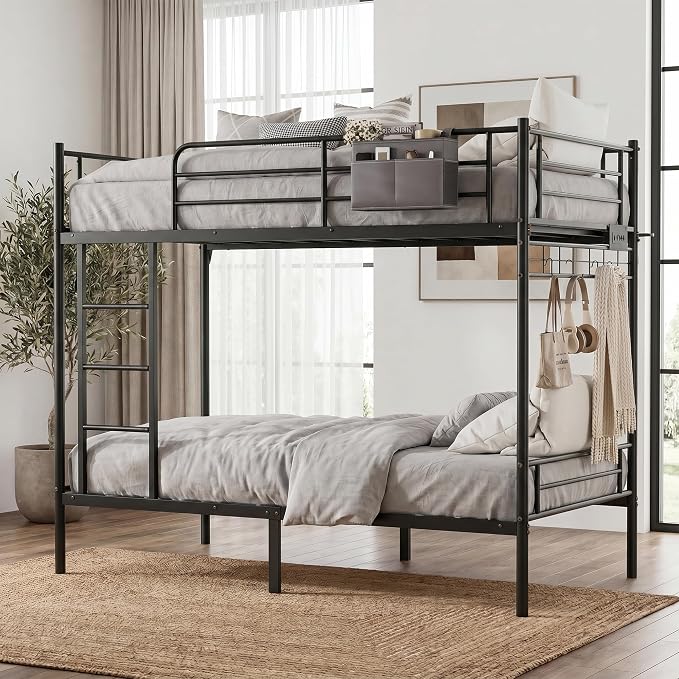 Bunk Bed,Bunk Bed Twin Over Twin with Power Outlet and LED Lights,Heavy-Duty Safety Metal Rails Ladder,Space-Saving Design with Storage Hooks,440lbs Capacity,Black