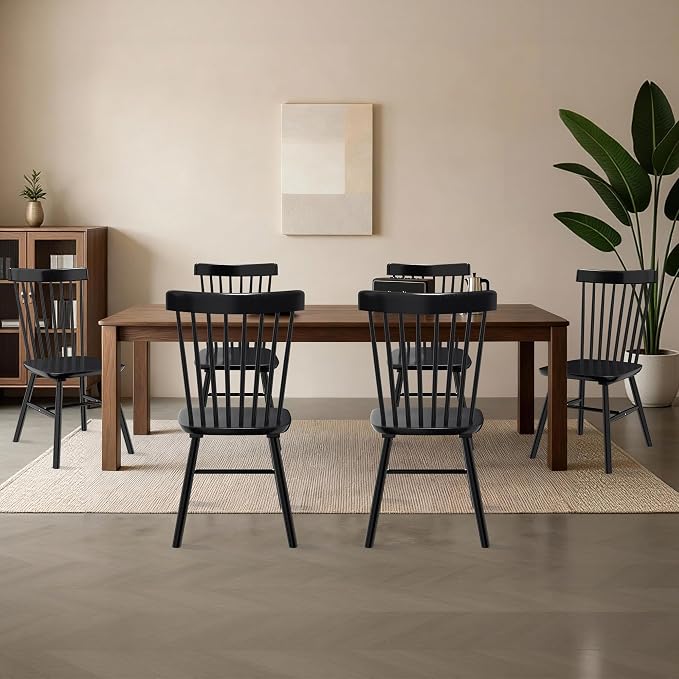 AreShark Windsor Dining Chairs, Farmhouse Wooden Dining Room Chairs, Solid Wood Kitchen Chairs with Spindle Back Set of 2, Black