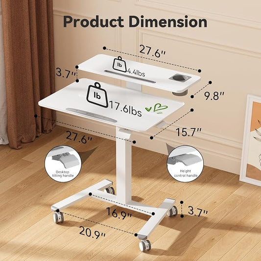 28Inch Glass Mobile Standing Desk On Wheels, Rolling Laptop Stand with Tiltable Desktop, Small Computer Workstation Adjustable Height, 2-Tier Portable Study Table with Storage Shelf, White