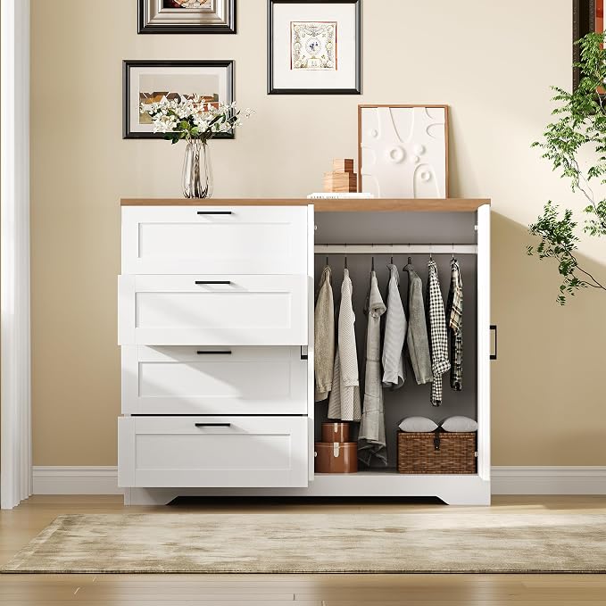 GarveeHome Multifunctional Wooden Dresser for Bedroom, 43.3 in H 2 Door Wardrobe Armoire Closet with 4 Drawers and Hanging Rod, Low Storage Cabinet for Hanging Cloth, White