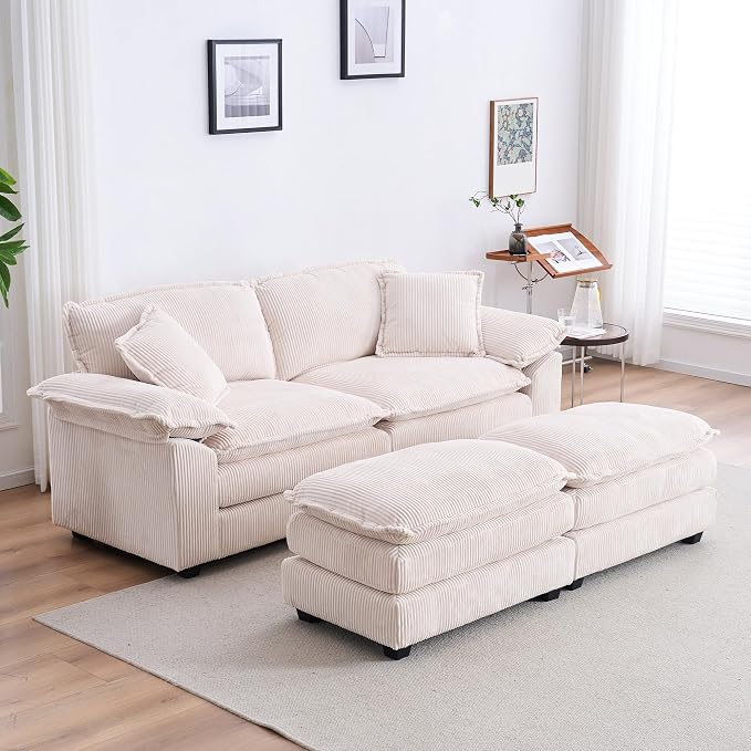 84.6” Corduroy Loveseat with Ottoman, Oversized Double Chaise Lounge Chair Indoor Deep Seat Two Seater Couch Cloud Couch Modular Sectional Sofa for Living Room(Corduroy White)