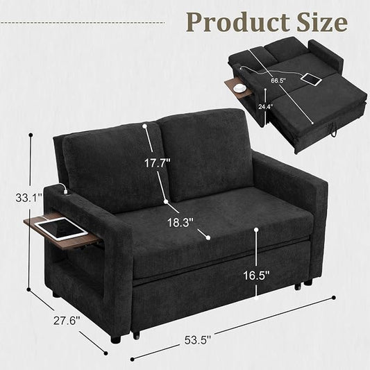 3 in 1 Folding Convertible Sleeper Sofa Bed Pull Out Couch with Side Pockets USB Port Side Table Loveseat Sofa Bed with Adjustable Backrest for Living Room Bedroom 66" Black 2 SEAT
