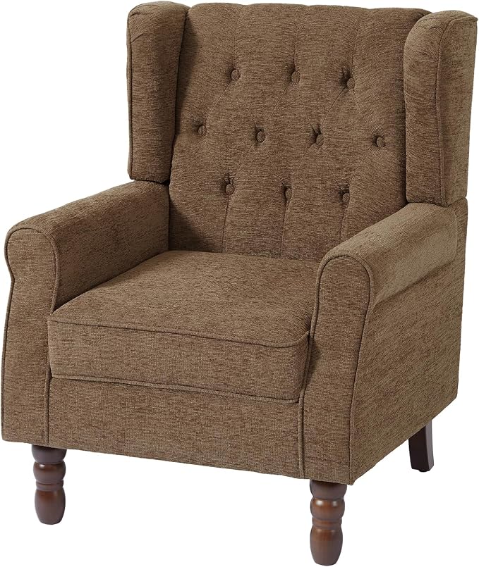 High Back Accent Chairs Set of 2, Fabric Upholstered Armchair Retro Wingback Arm Chair for Living Room, Comfy Single Sofa Bedroom Retro Reading Seat with Solid Wood Legs - Brown