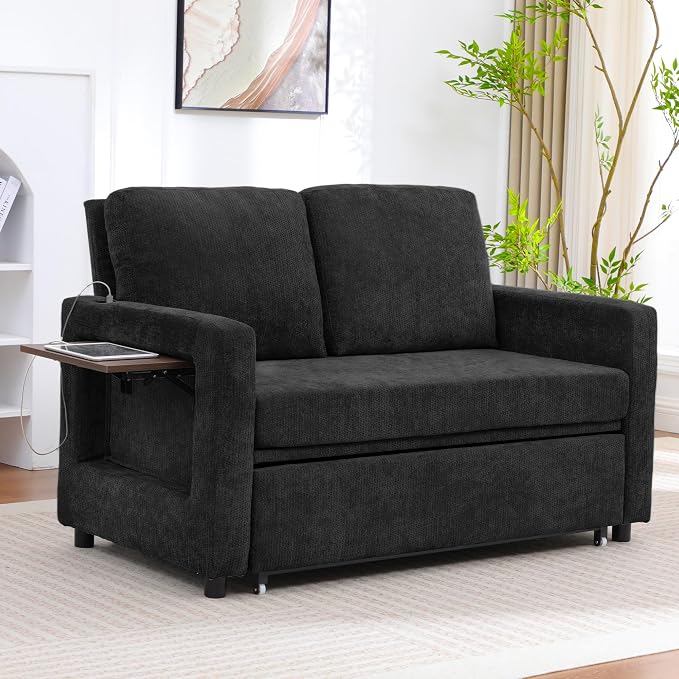 3 in 1 Folding Convertible Sleeper Sofa Bed Pull Out Couch with Side Pockets USB Port Side Table Loveseat Sofa Bed with Adjustable Backrest for Living Room Bedroom 66" Black 2 SEAT