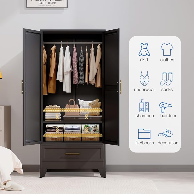 GAIOUS Steel Armoire Wardrobe Closet with Mirror Door and Drawer 71" Black | Household Wardrobe Cabinet with Hanging Rod, Metal Clothing Storage Cabinet with Adjustable Shelf for Bedroom, Cloak, Gym