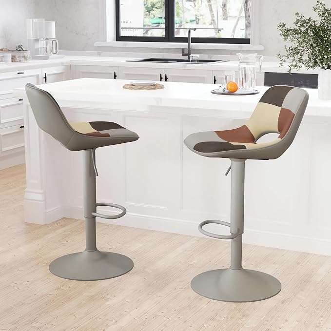 YOUNIKE Bar Stools Set of 2, Boho Colorful Patchwork Faux Leather Barstools, Adjustable Swivel Counter Height Bar Stool Upholstered Counter Stools with Hollow Back for Kitchen Island, GreyBeige