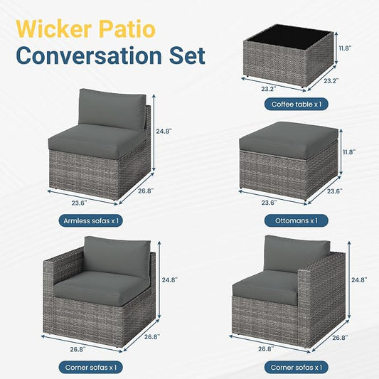 Wisteria Lane 5-Pieces Outdoor Patio Furniture Set, All Weather Wicker Rattan Sectional Sofa, Patio Conversation Set with Cushions & Glass Coffee Table for Backyard Porch Garden Balcony, Grey