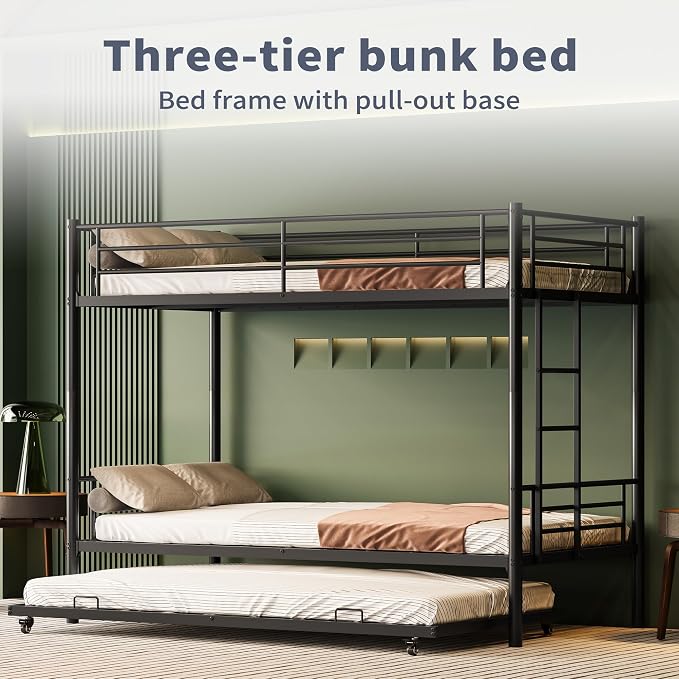 Twin Over Twin Bunk Bed Frame with Trundle,Metal Bunk Bed Bedframe with Guard Rail and Ladders for Adults,Can be Divided into 3 Beds, No Box Spring Needed,Space Saving Design