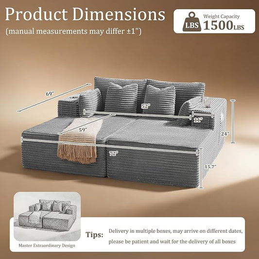 72" Cloud Sectional Couch, Comfort U Shaped Sofa for Living Room, Extra Deep Seats No Assembly, Minimalist Modular Couch, Corduroy (Light Grey, Loveseat Chaise)