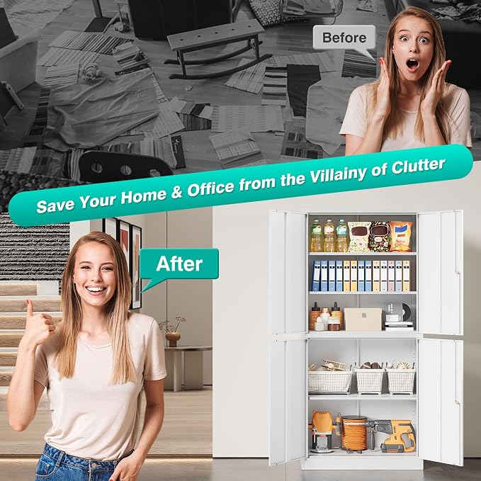 Metal Storage Cabinet with 3 Adjustable Shelves,White Storage Cabinet with Lock,71" Lockable Metal Cabinets with Locking Doors,Tall Steel Pantry Cabinets 4 Door for Home,Office,Garage,Bathroom,Kitchen