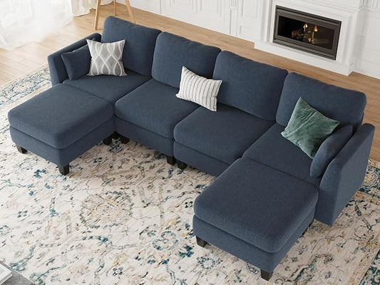 Modular Sectional Sofa, 6 Seaters Modular Sleeper Sofa Couch, Comfy Sectionals Couches Bed, Convertible Sofas with Ottomans, Sectional Couches for Living Room, Blue