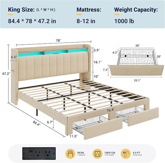 Allewie King Size Bed Frame with 2-Tier LED Storage Headboard, Upholstered King Platform Bed Frame with 2 Storage Drawers, USB & Type-C Charging Ports, Noise-Free/No Box Spring Needed, Beige