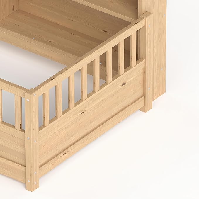 Bellemave Kids Montessori Floor Bed Twin Size,Floor Bed Frame with Bookcase and Fence for Kids Boys Girls,Natural