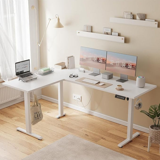 Agilestic L Shaped Standing Desk 63 inch Adjustable Height, Electric Corner Standing Desk, Sit Stand Computer Table with Splice Board, White