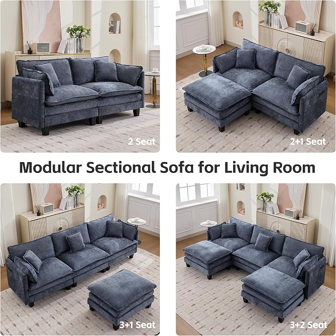 Opiesit Modular Sectional Sofa with Movable Ottoman, 110" 5-Seat Modern Couches for Living Room, Comfy U Shaped Couch Set with Deep Seat for Office and Apartment, Blue Chenille Fabric