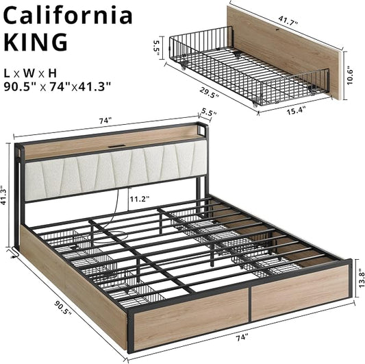 LIKIMIO California King Bed Frame with 4 Storage Drawers, Platform Bed with Charged Headboard, Sturdy and Stable, No Noise, No Box Spring Needed, Easy to Install, Wood and Cream