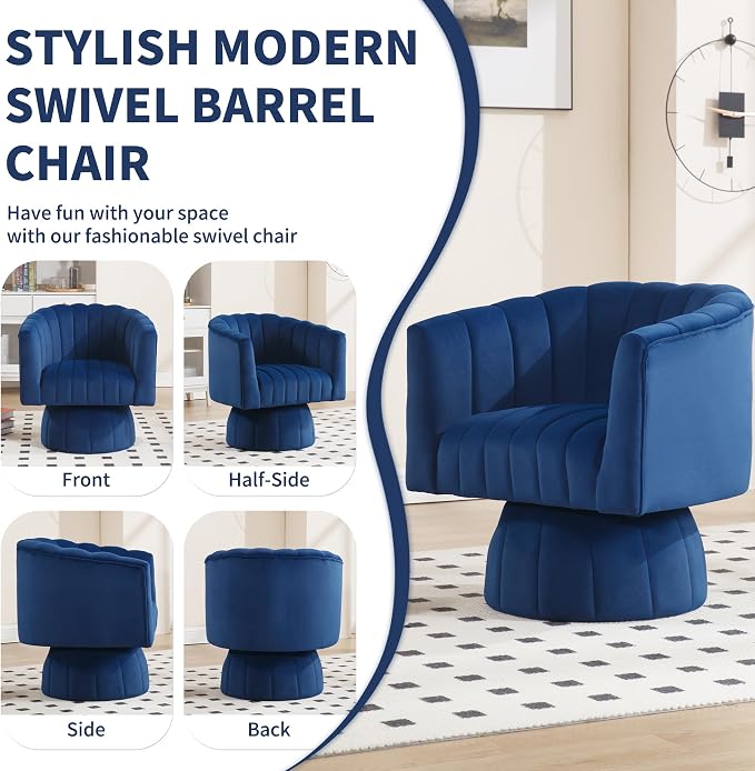 Swivel Accent Barrel Chair Set of 2- Cute Comfy Small Round Arm Chair Velvet Sofa Club Reading Chair for Living Room Bedroom Dark Blue