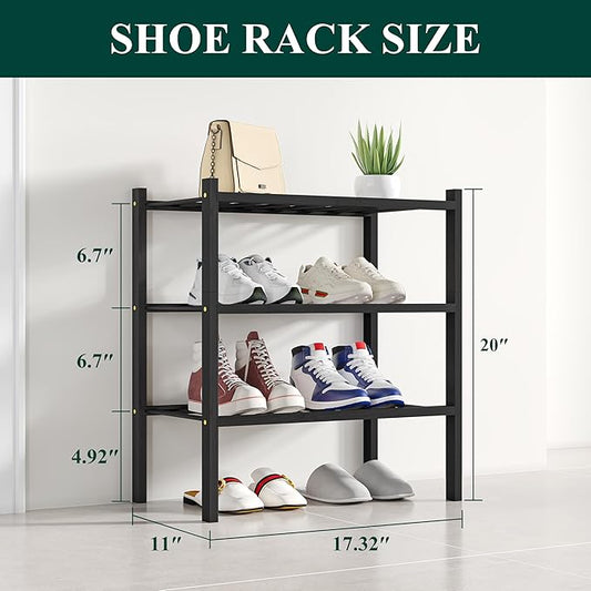 Smiry Small Bamboo Shoe Rack, 3 Tier Free Standing Wooden Shoe Organizer, Stackable Wood Shoe Storage Shelf for Closet, Entryway, 12 Vertical Slats, 2+1 Stack Standard Legs, 17.3"x11"x19.5", Black
