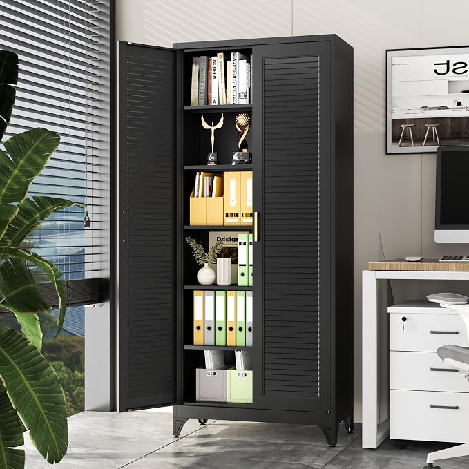 75" Metal Pantry Cabinet,Kitchen Storage Cabinet with Shelves | Louvered Metal Storage Cabinet,Adjustable Shelves,Gold Handles,Leveling Feet,Anti-tipping,for Garage/Kitchen Black