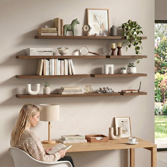 Fun Memories 55 Inch Floating Shelves - Fireplace Mantel Shelf - Deep Wall Mounted Wood Storage Shelf for Bedroom, Kitchen, Farmhouse - 1 Pack, Walnut