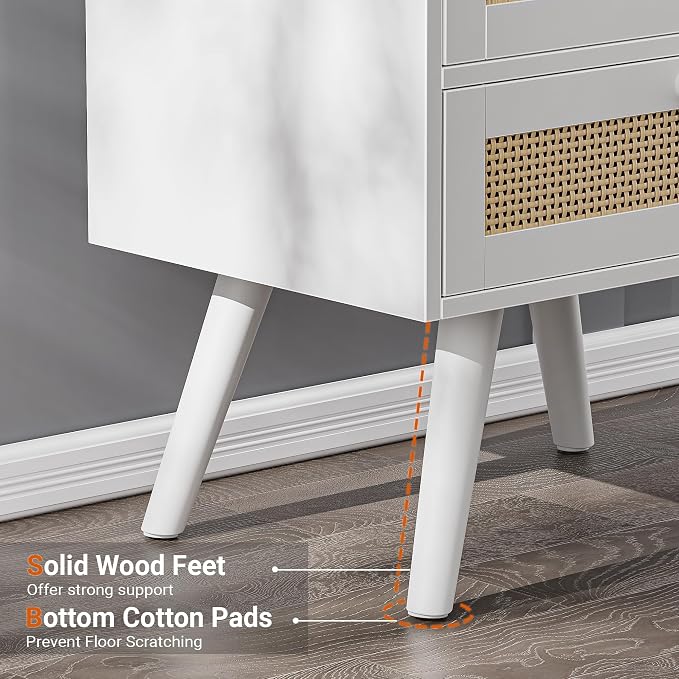 SUPERJARE 2 Drawer Night Stand with Charger Station, Boho Rattan Nightstand Set of 2, 25.2 Inch Tall Bed Side Table with Solid Wood Feet, End Table, Open Storage, Synthetic Rattan, for Dorm, White