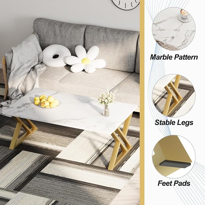 Wolawu Coffee Table Living Room Table White Center Table, Simple Modern Faux Marble Rectangular Tea Tables with Sturdy Gold Metal Frame,Industrial Wooden Coffee Table for Bedroom Home Office
