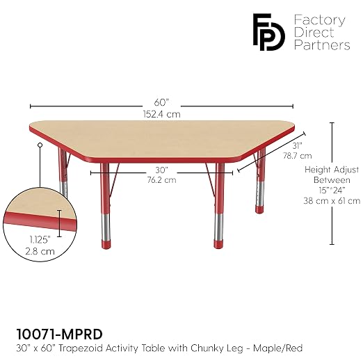 FDP Trapezoid Activity School and Classroom Kids Table (30 x 60 inch), Chunky Toddler Legs for Collaborative Seating Environments, Adjustable Height 15-24 inches - Maple Top and Red Edge