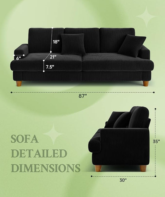 Welzona 87.2" Couches for Living Room, Comfy Black Couch 7.5" Extra Thick Cushion, Sofas for Living Room Tool-Free Setup, Loveseat Sofa 848lbs Support, Corduroy Couch for Bedroom, Apartment, Office