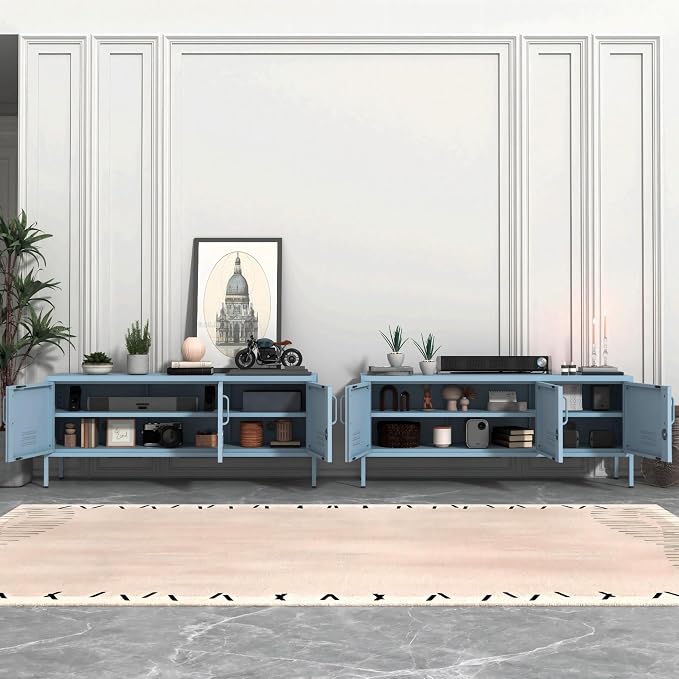 3 Door TV Standwith Storage Locke Metal TV Cabinet with 2-Tier Multi-Purpose Lockable Wide Storage Cabinet, Media Console Table with Metal Legs for Living Room, Bedroom,Office,Blue