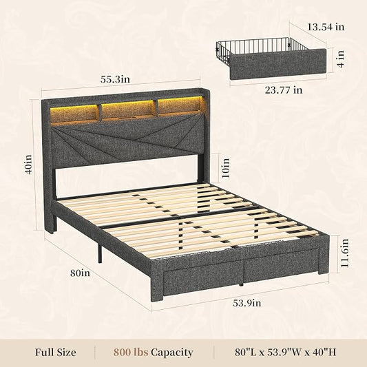 Full Size Bed Frame with Storage Headboard, Upholstered Full Bed Frame with LED Lights, USB Charging Station & 2 Storage Drawers, No Box Spring Needed, Dark Grey
