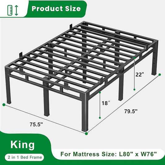 ROIL 22 Inch King Size Bed Frame, Metal Bed Frame & Box Spring 2 in 1 Platform with Round Corner Legs, 4000LBS Double Layer Bed Frame with Headboard Holes Mattress Baffles, Noise-Free Easy Assembly